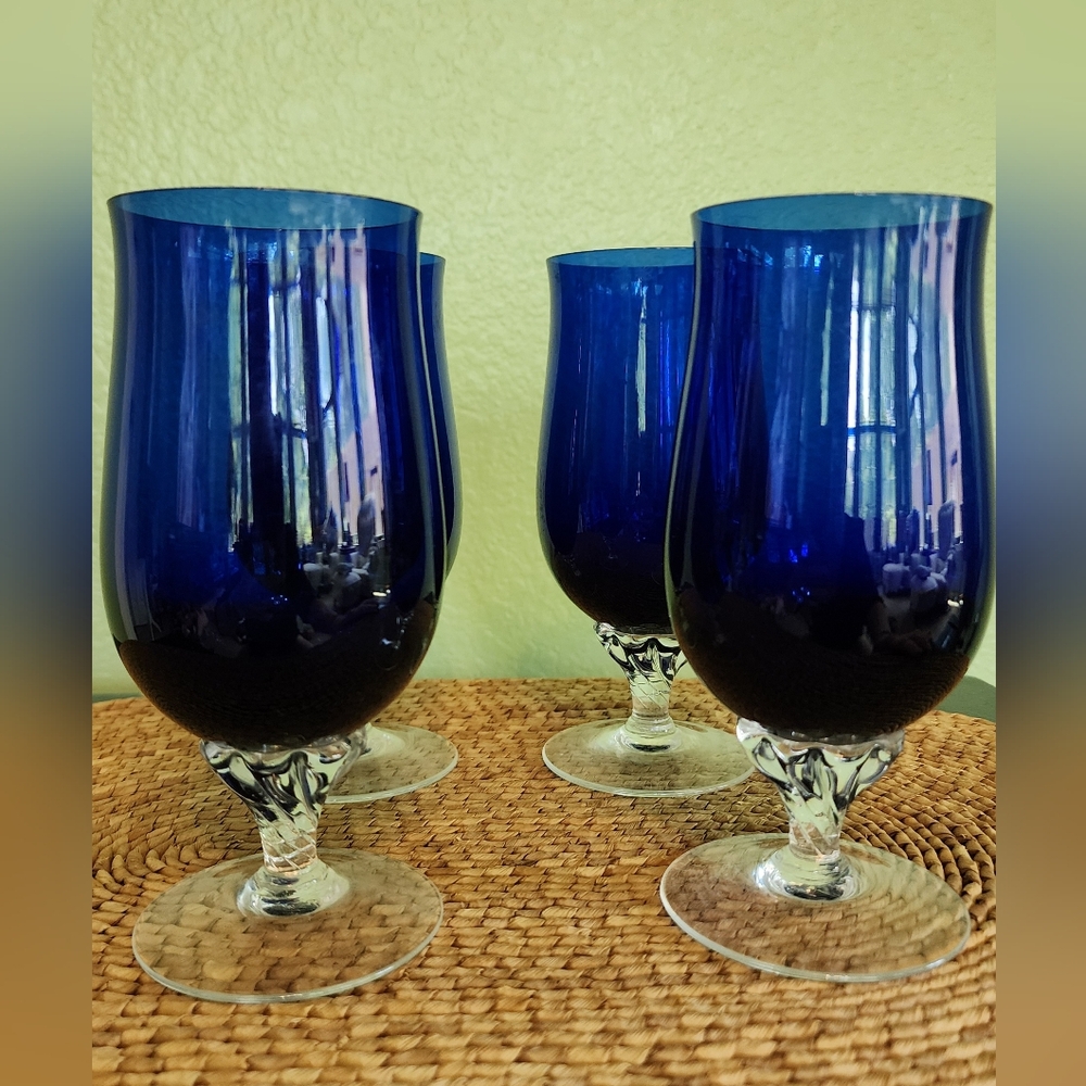 Vintage Sasaki Coronation cobalt blue crystal clear stemmed, wine, water glasses